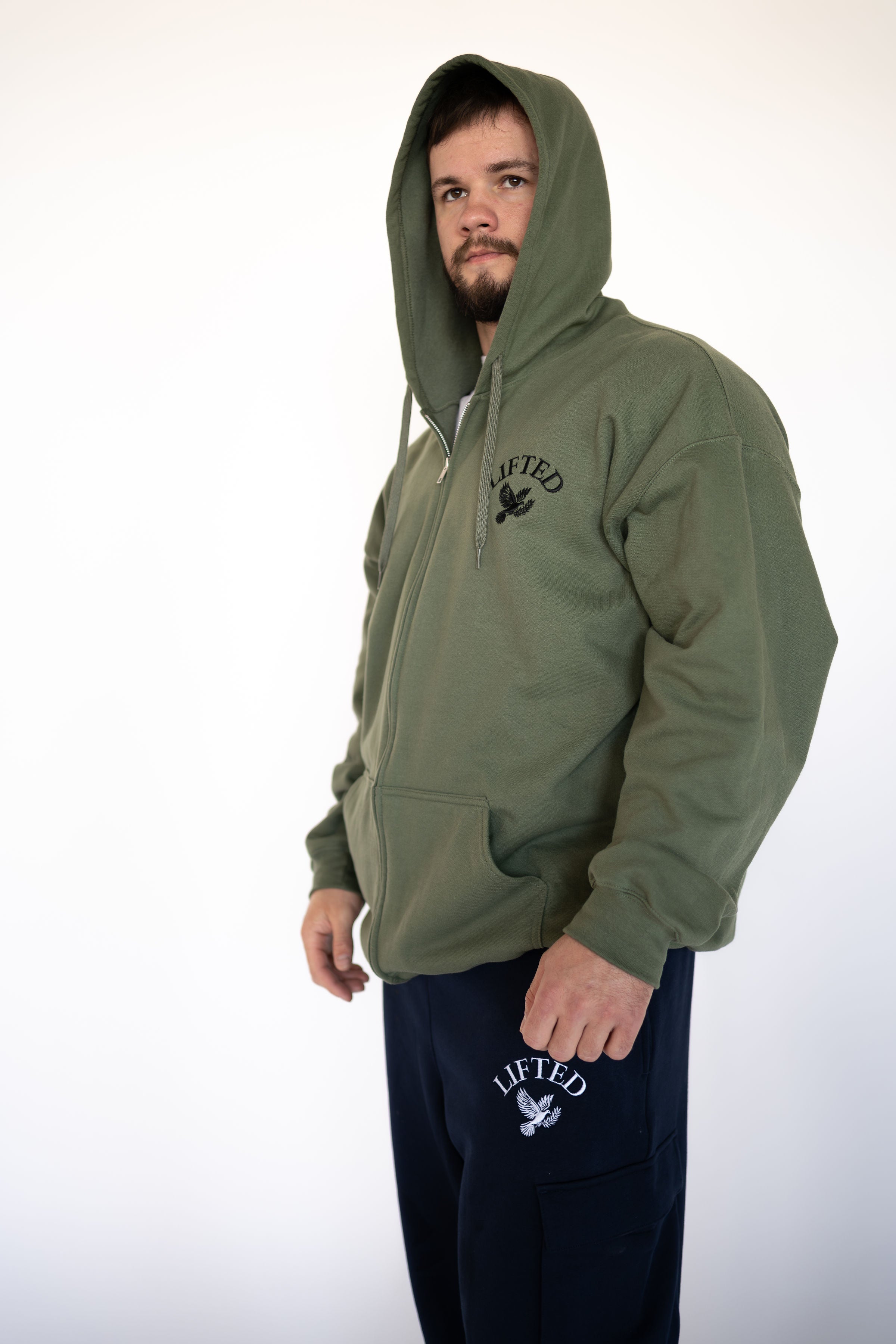 Unisex Army Green Zip Up Hoodie