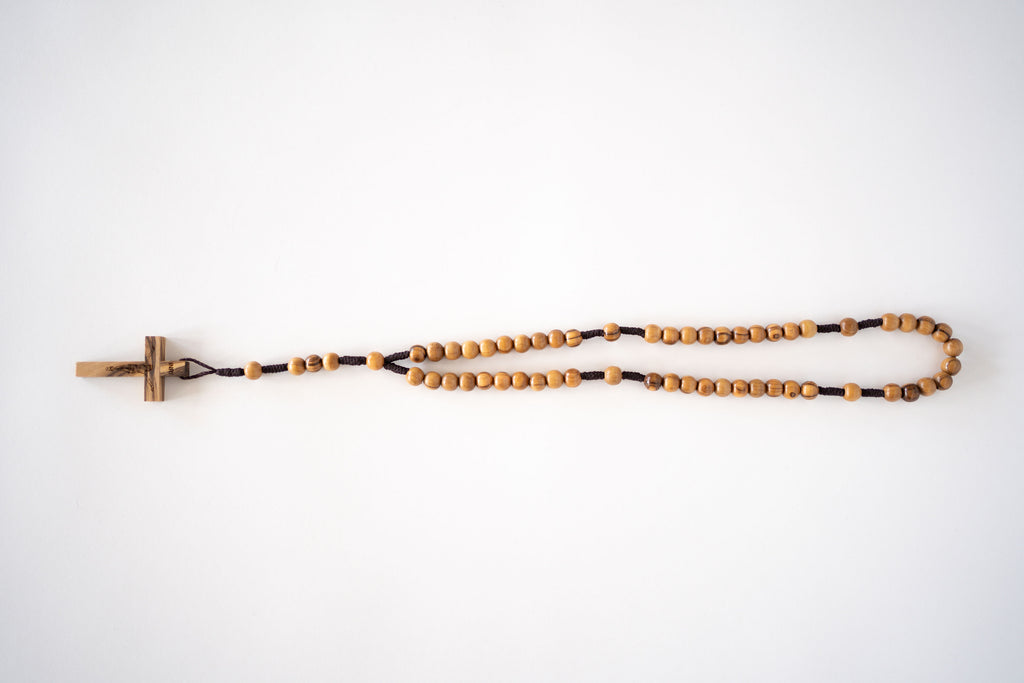 Light Brown Wood Beaded Rosary with Black Rope