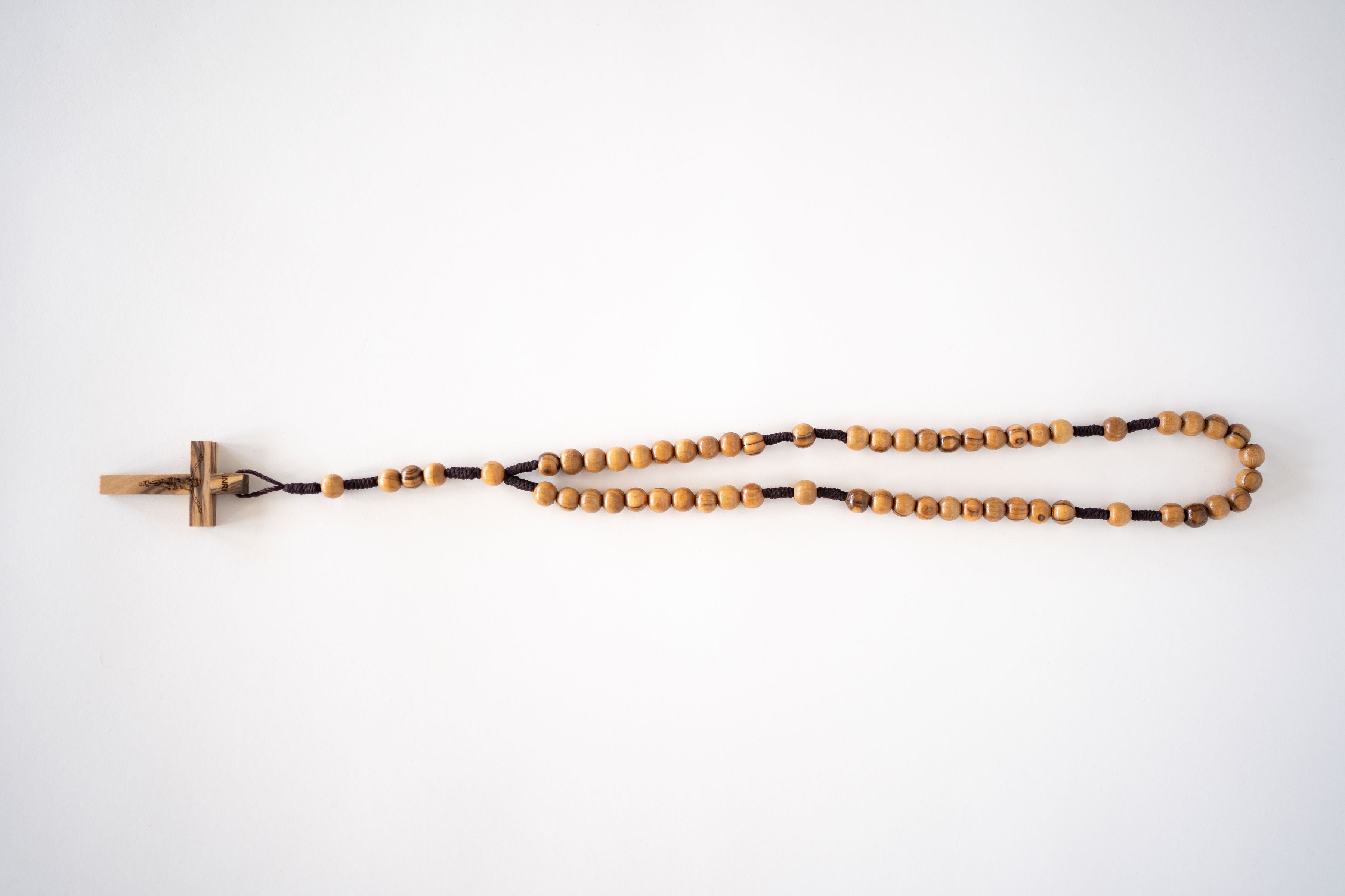 Light Brown Wood Beaded Rosary with Black Rope