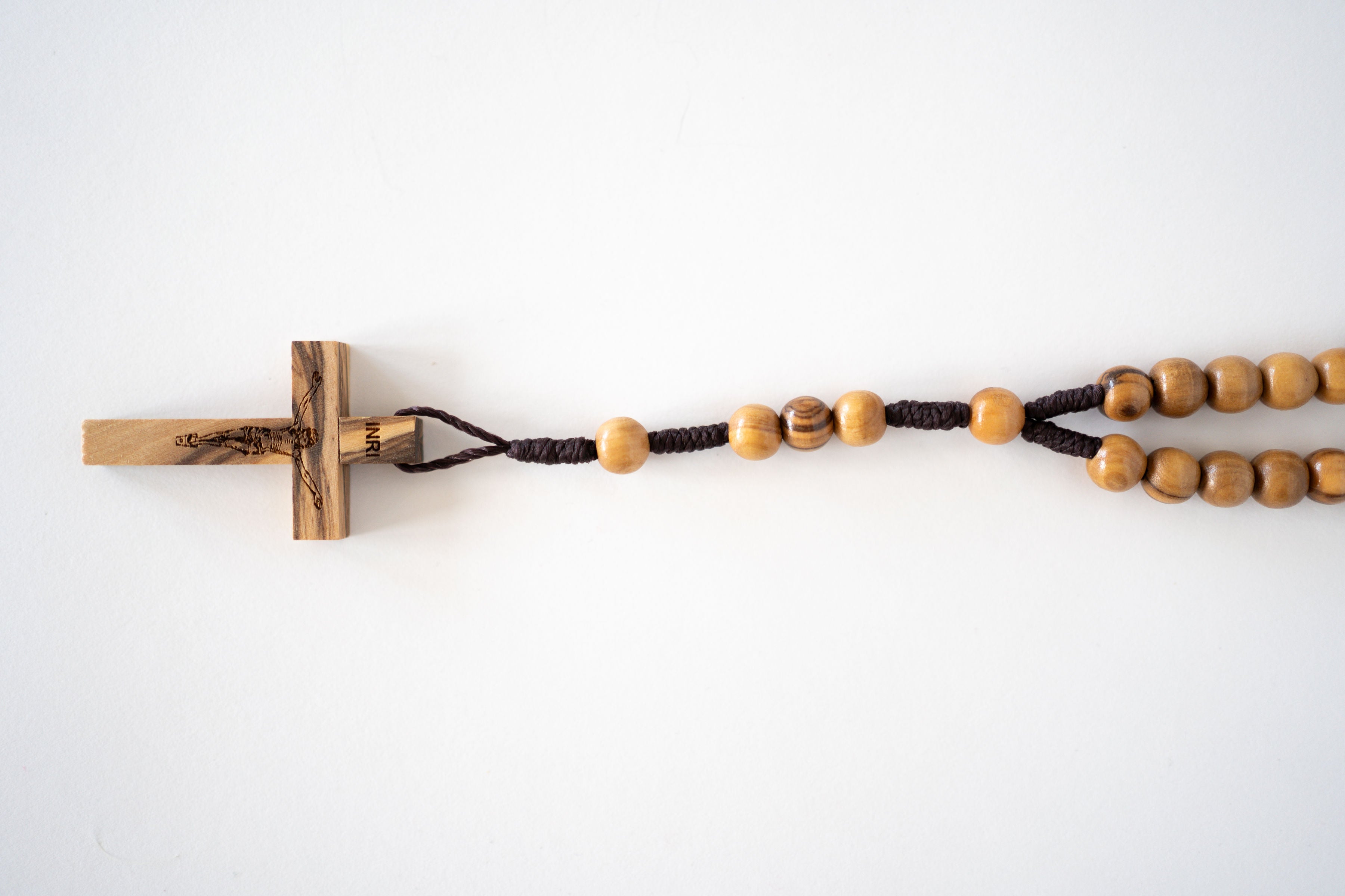 Light Brown Wood Beaded Rosary with Black Rope