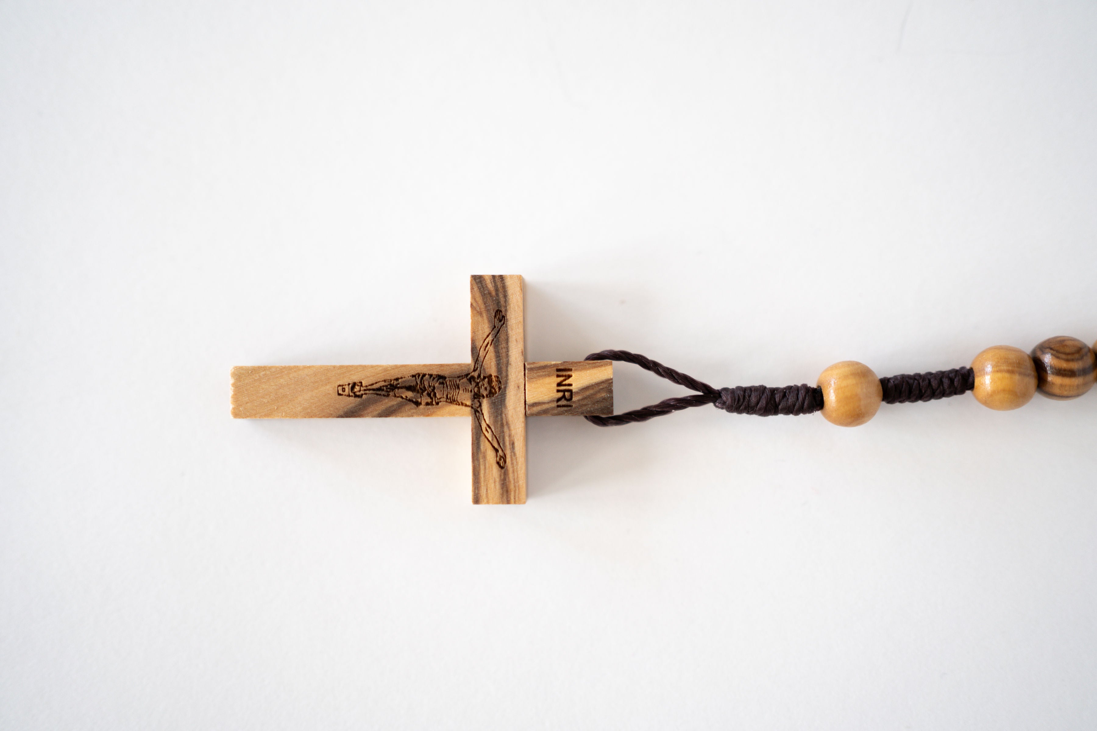 Light Brown Wood Beaded Rosary with Black Rope