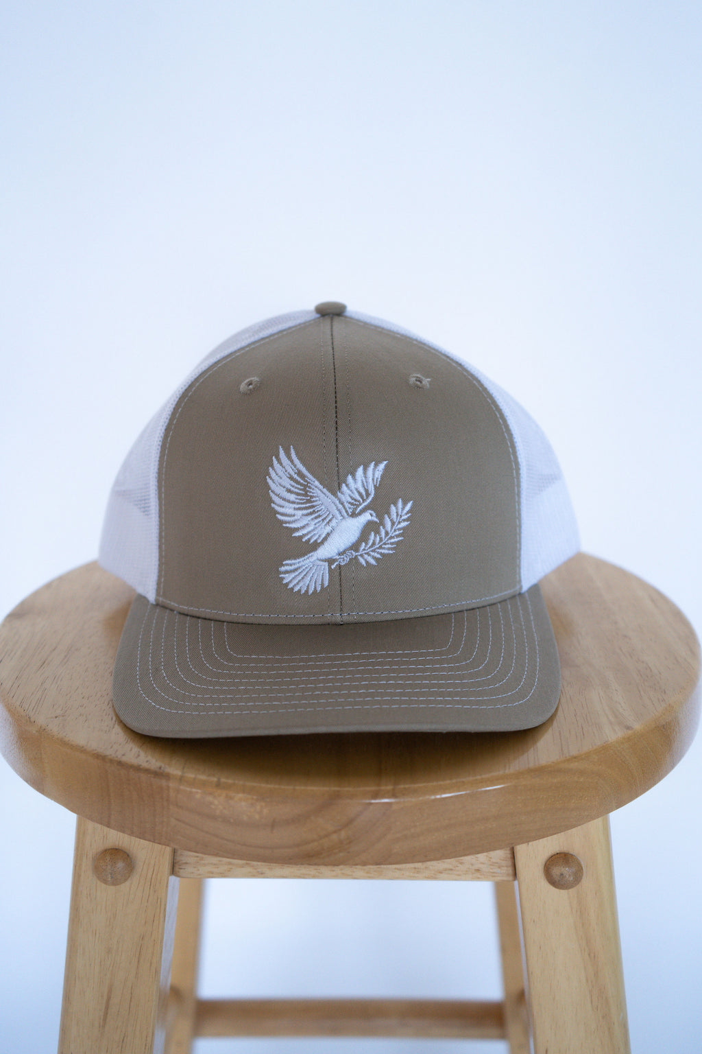 Beige/White Trucker Style Hat with Dove Logo