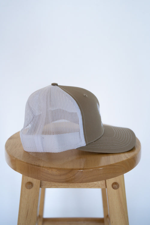 Beige/White Trucker Style Hat with Dove Logo