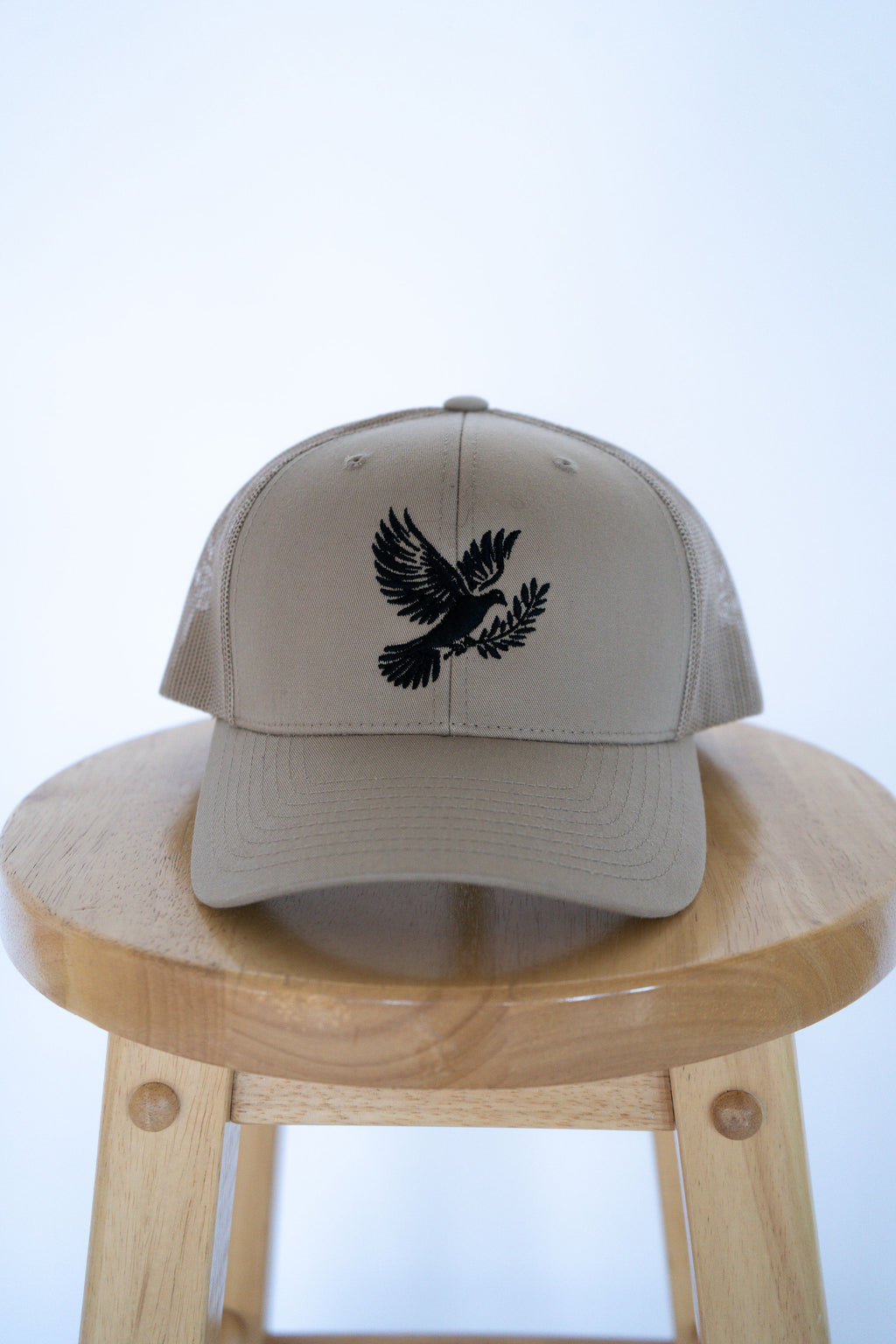 Full Beige Trucker Style Hat with Dove Logo